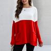 Women’s Causal Loose Pockets Sweater Color Block Knit Pullover Off Shoulder Tops