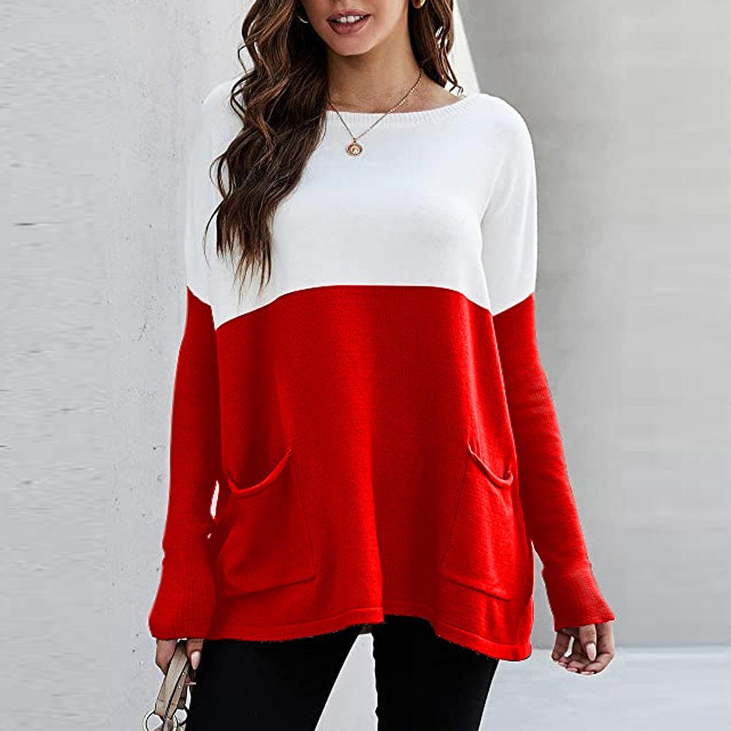 Women’s Causal Loose Pockets Sweater Color Block Knit Pullover Off Shoulder Tops