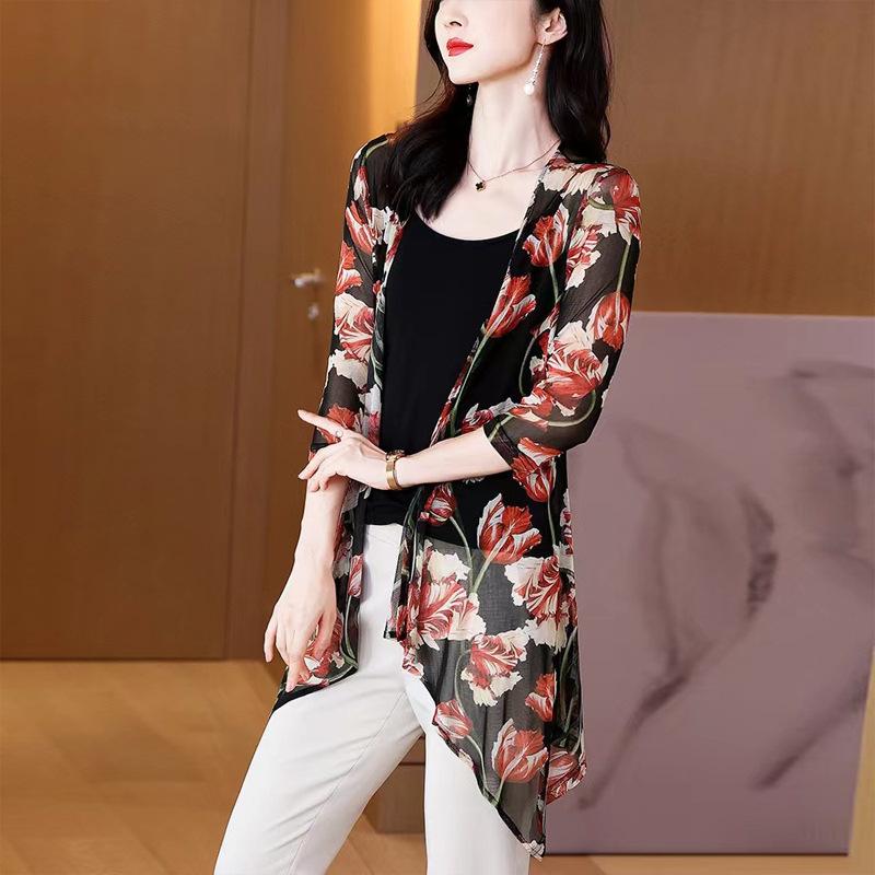 Outer Cardigan Sun Protection Jacket Women's Chiffon Top Mid To Long Summer Casual Vacation Mesh Thin Jacket Women's