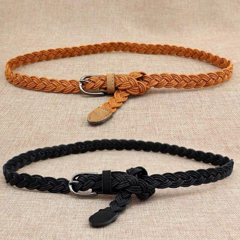 Boho Chic Braided Cotton Linen Waist Belt With Metal Pin Buckle Women Thin Black Adjustable Dresses Jeans