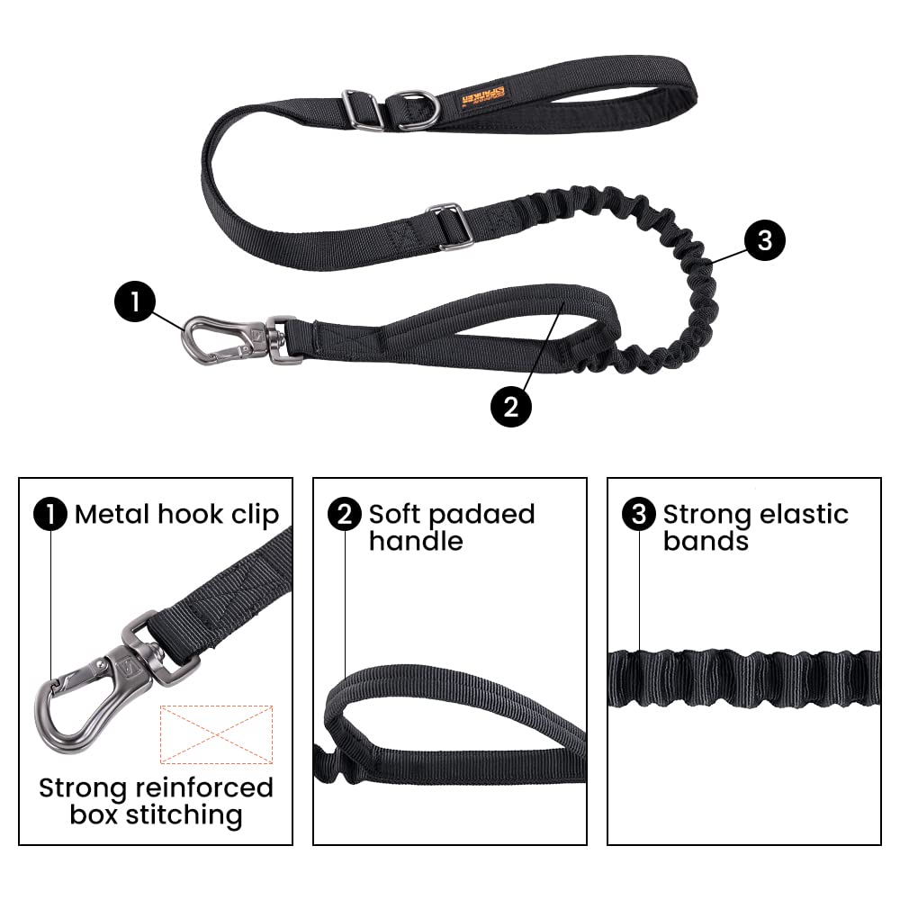 EXCELLENT ELITE SPANKER Nylon Dog Lead for Medium Shock Large 2 Handles Dogs, Absorption, Dogs, Training, Retractable, Walking, (Black)