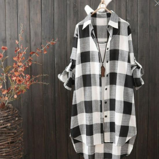Women's Plaid Cotton Linen Shirt - Spring/Autumn, Mid-Length, Loose, Slimming, Casual Sun Protection Outwear