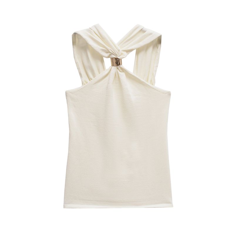Kaslead New Arrival Women's Fashion Style Gold Inlaid Wide Shoulder Strap Hanging Collar Knitting Tops 4938116