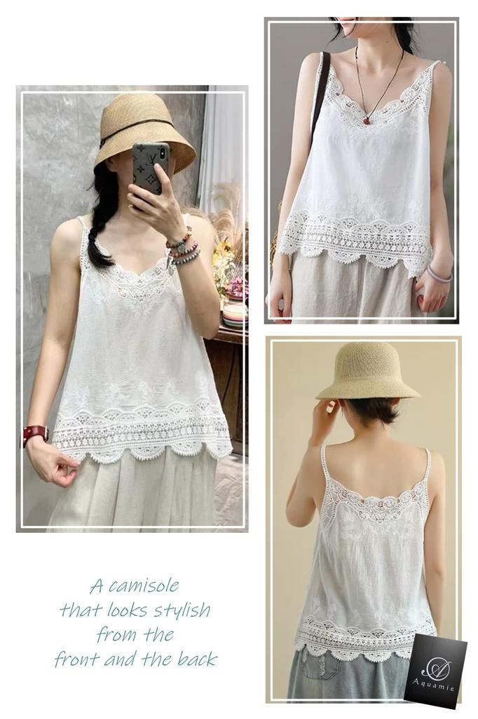 Aquamie Cotton Camisole with Cute and Layering Tank Summer Cami Underwear Women's Lace, Visible, Top, (White)