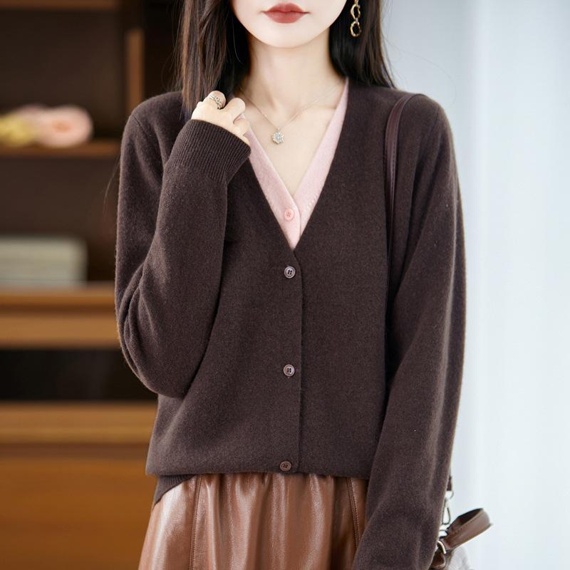 100% Wool Color Block V-Neck Women's Two-Piece Knit Cardigan Sweater - Autumn/Winter 2026