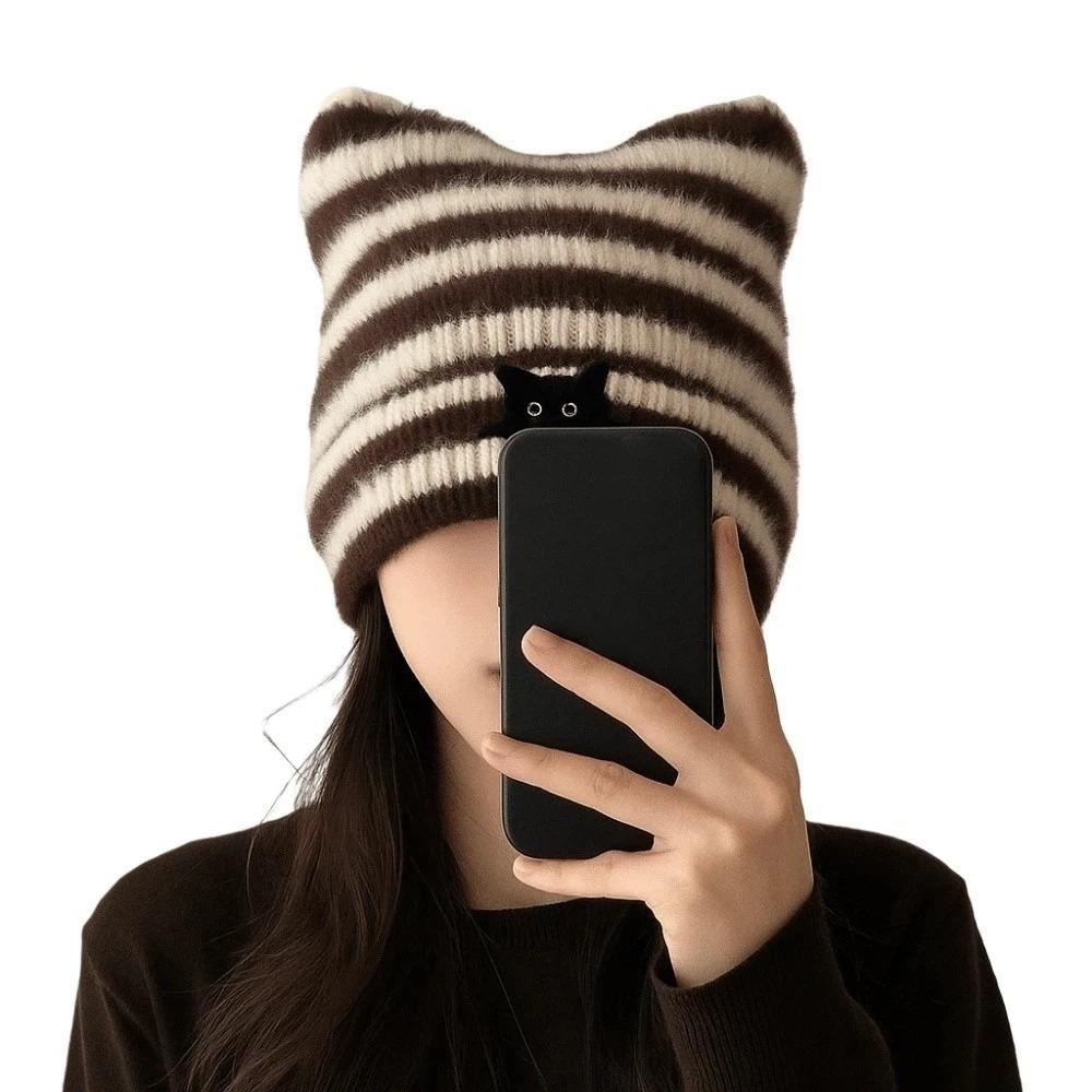 Cold Proof Embroidered Hat Keep Warm Pullover Hat Fashion Women Cat Ear Knitted Hat Outdoor Sports