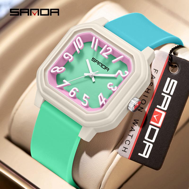 SANDA Silent Exam Quartz Wristwatch - Unisex, Waterproof, Color Block Design for Students