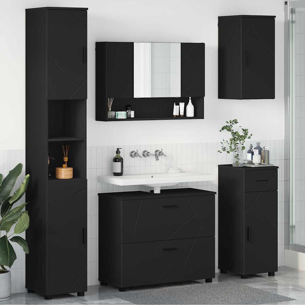 Bathroom Furniture Set with Door 5 Pcs Black Plywood and Metal