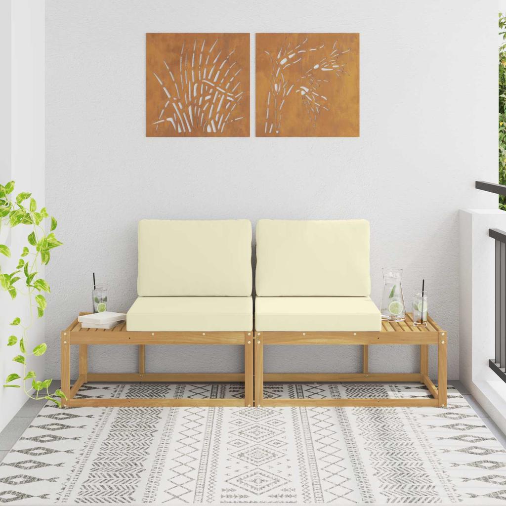 Outdoor End Sofa with Cushions 2 Pieces White Solid Acacia Wood