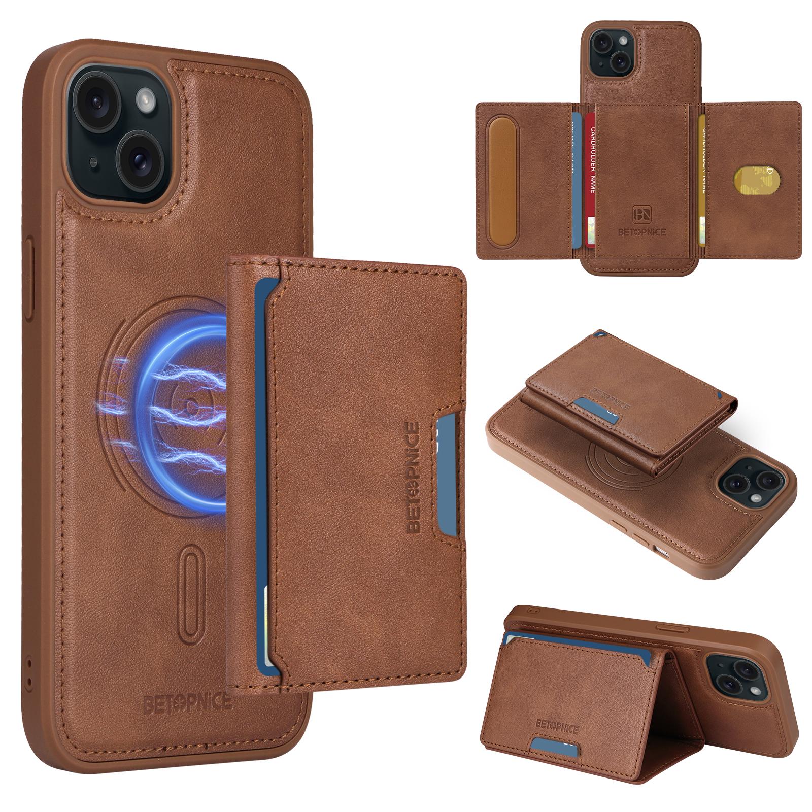 

For iPhone 15 Plus Magnetic Case BETOPNICE Leather Phone Cover Kickstand with Detachable Card Bag E