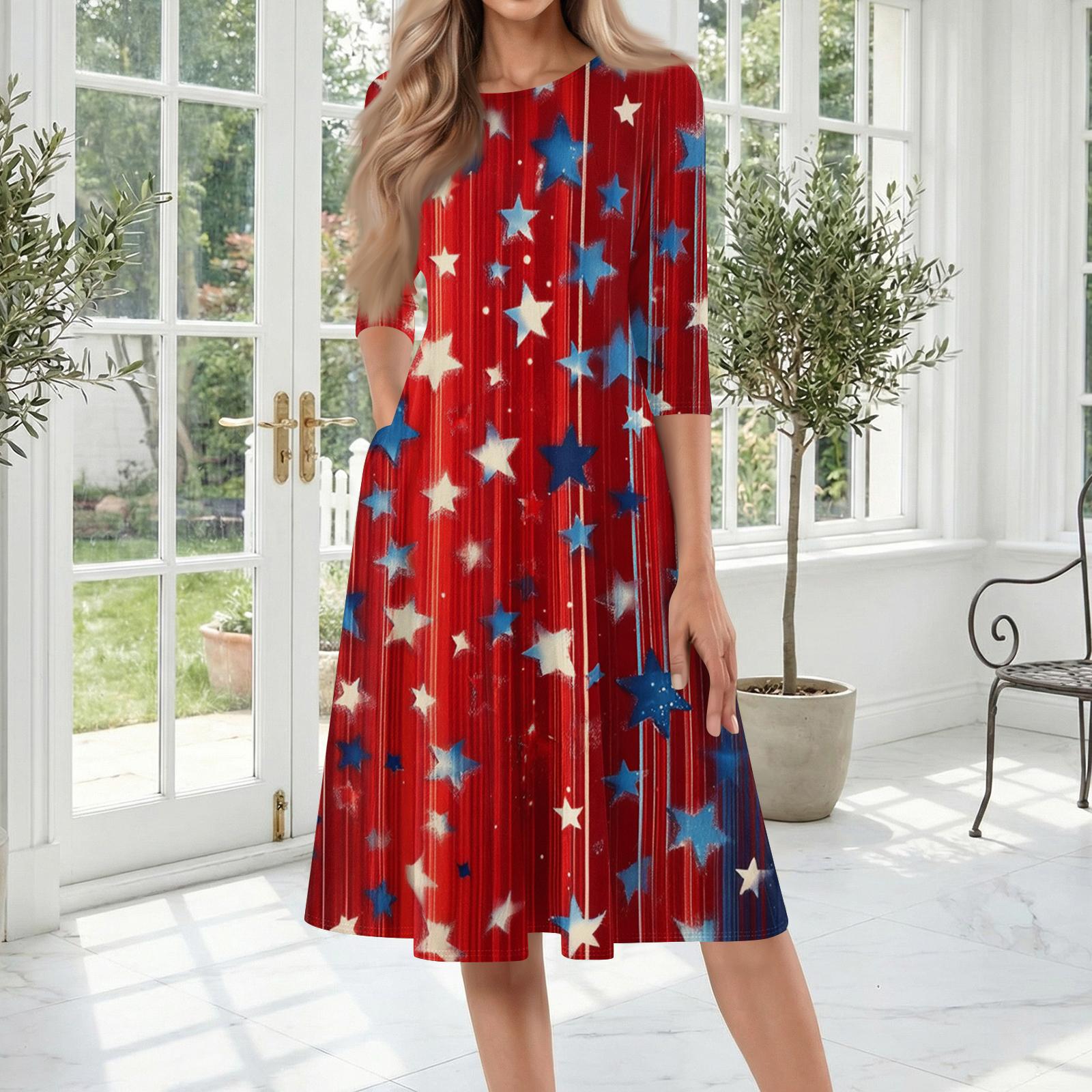 

Casual Mid-Length Dress with Round Neck and Three-Quarter Sleeves Featuring Independence Day Star and Stripe Print Comfortable Fit XL