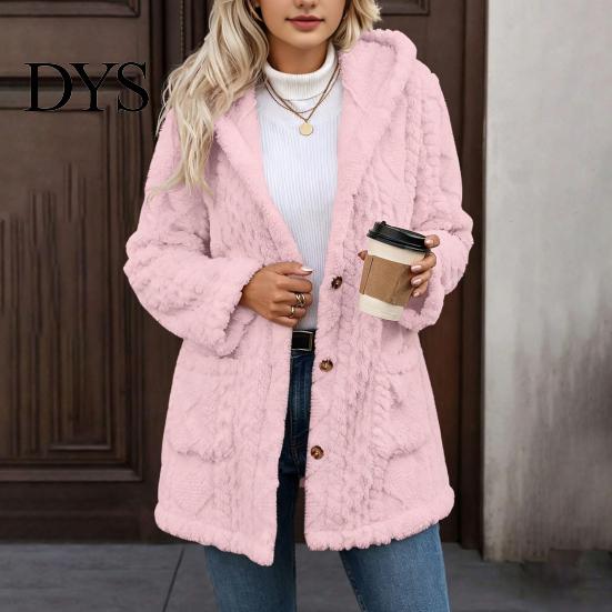 Long Sleeve Warm Coat Women Fleece Jacket with Pockets, Hooded for Fall Winter, Oversized Casual Button Front Cardigan Outerwear Cozy