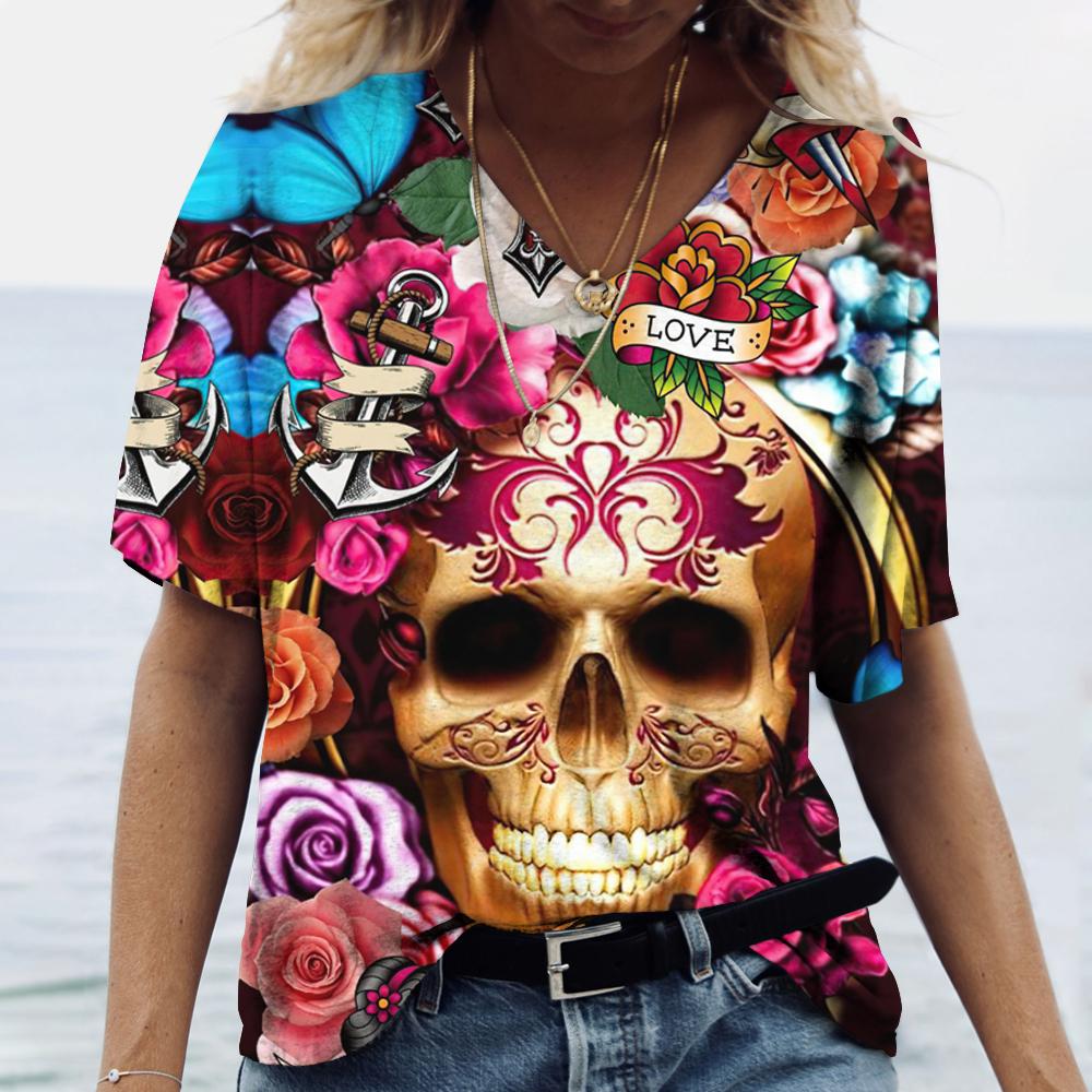 Summer V-neck 3D Skull Rose Print Top Fashionable Casual Short Sleeved Women's T-shirts