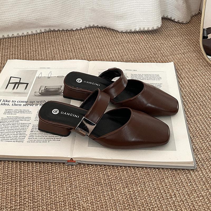 Temperament versatile bag head half slippers women's summer new retro thick low heel Mary Jane slope heel sandals lazy shoes