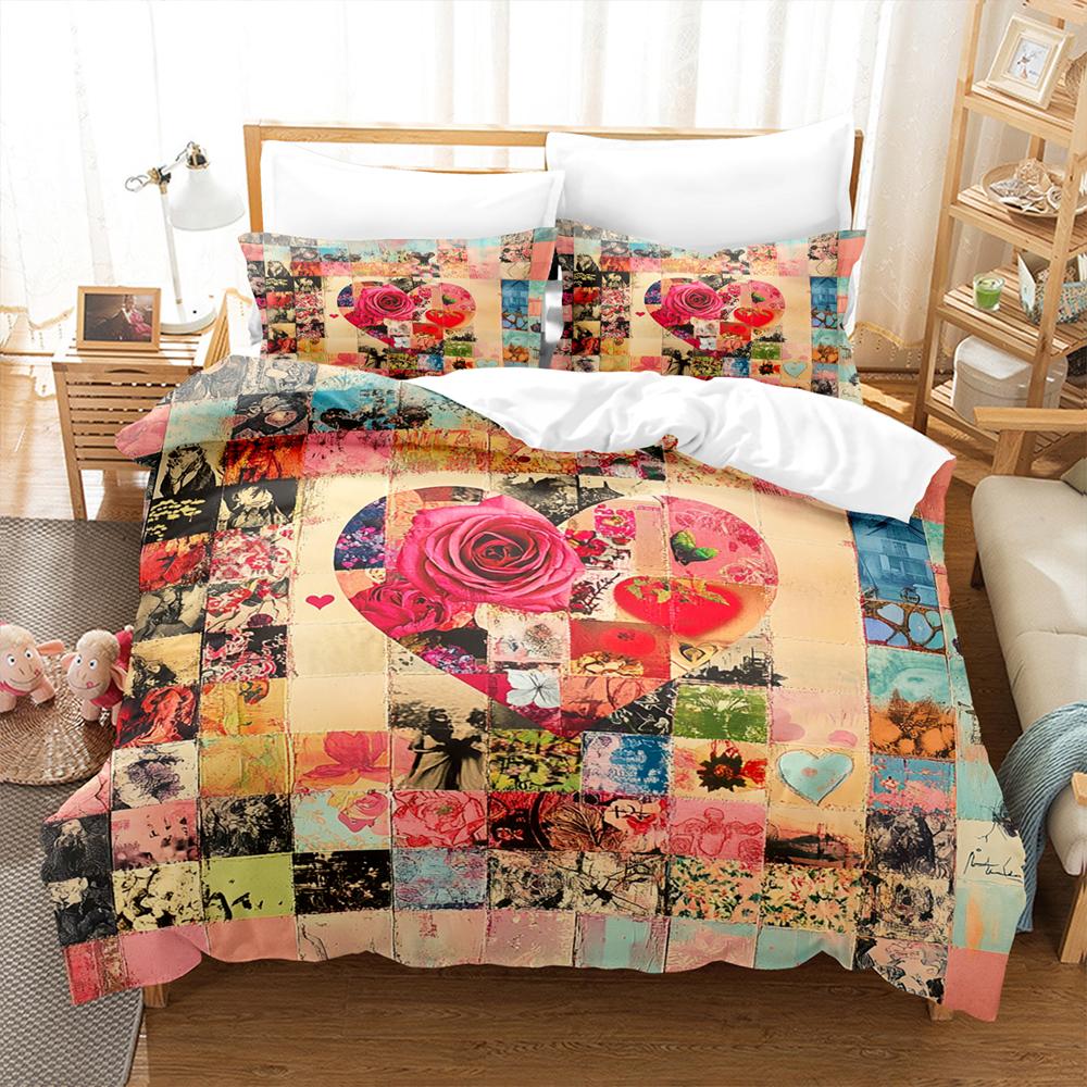 Love Heart And Newspaper Splicing Bedding Set Comforter Cover Soft Romantic Duvet Cover  For Girls Women Room  Valentine's Day