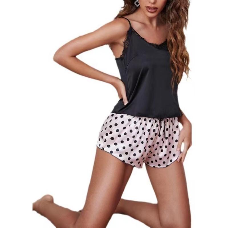 Neuer Sommer Damen Bedruckte Polka Dot Shorts und Spitzenverzierter V-Ausschnitt Trägertop Damen Sexy Pyjama Set