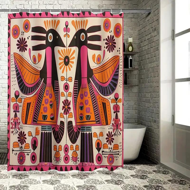 Vibrant Folk Art Shower Curtain - Colorful Bird & Floral Designs for Unique Bathroom Décor, Waterproof, Easy Care & Joyful