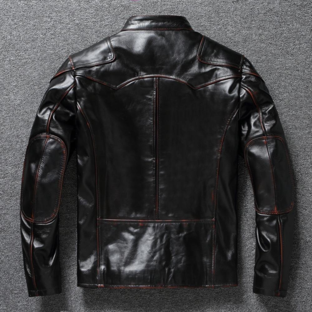 Chinese Size Style RL Top Layer Oil Waxed Cowhide Real Leather Jacket Men Stand Collar Brown Motorcycle Coat Men's Biker Jacket Spring Autumn