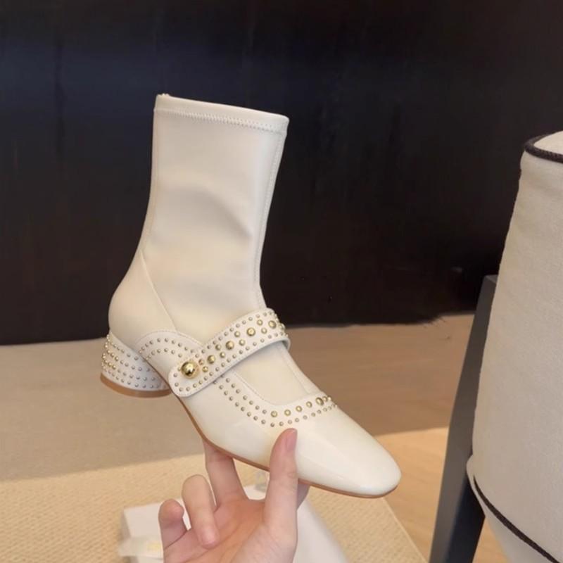 Spot Second Hair! Fashion Versatile New Square Head Rivet Rear Zipper Medium and High Elastic Boots Women's Thin Short Boots