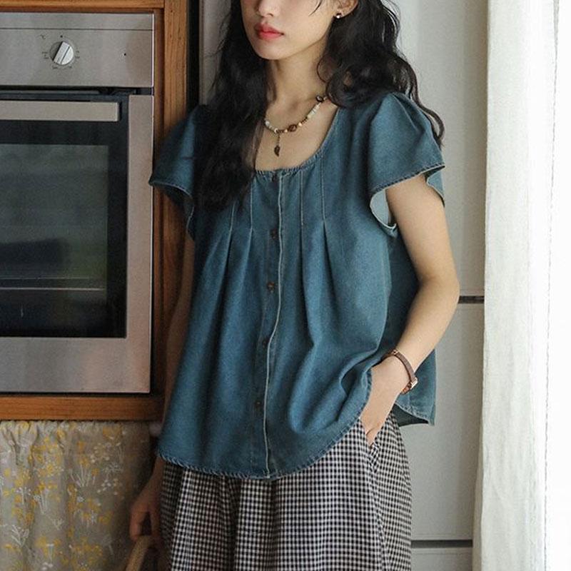 Fashion Folds Vintage Denim Blouse Summer Thin Short Sleeve Women's Clothing Loose Solid Color All-match Casual Round Neck Shirt