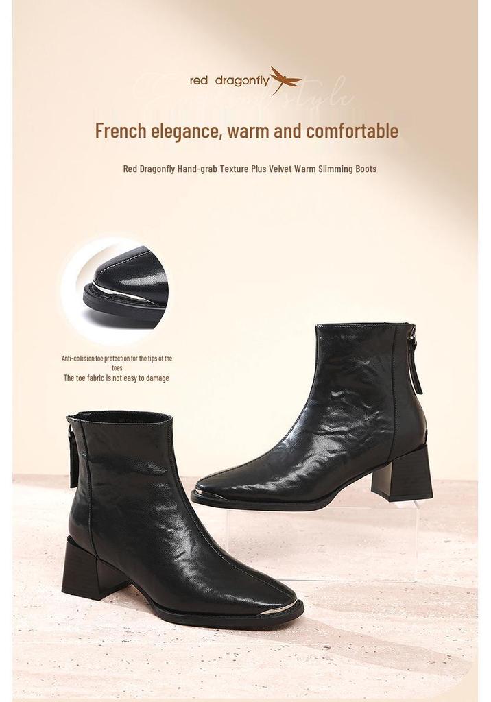 Red Dragonfly Women's Stylish High-Heeled Genuine Leather Ankle Boots - Super Soft, Plus Velvet, Mid-Calf for Spring, Autumn, and Winter.