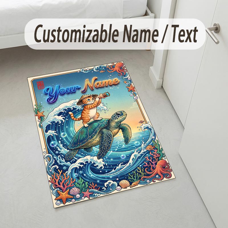 Cat Theme Crystal Velvet Rug Personalized Custom Name Text Soft Floor Mat Home Decor