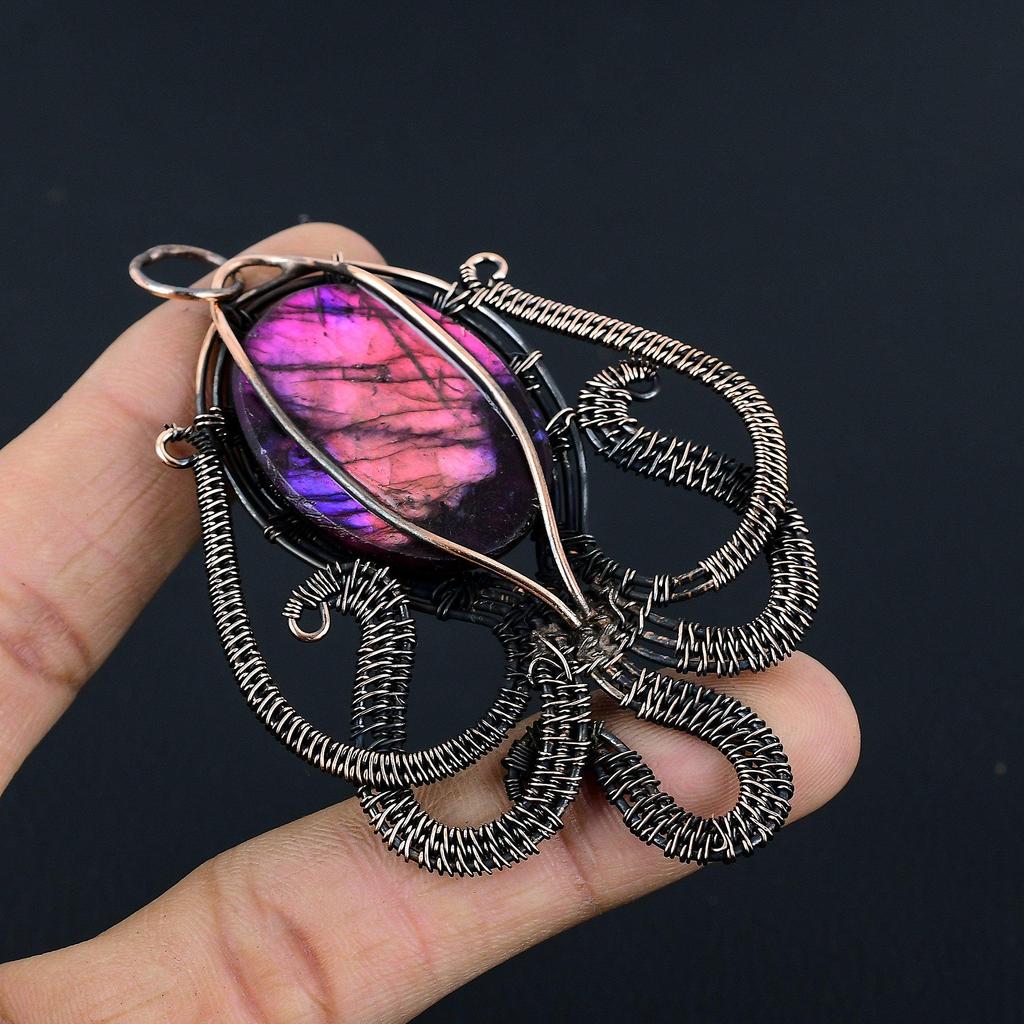 Pink Flash Labradorite 999 Copper Wire Wrapped Jewelry, Handmade Beauteous Gemstone Jewelry Pendant For Women