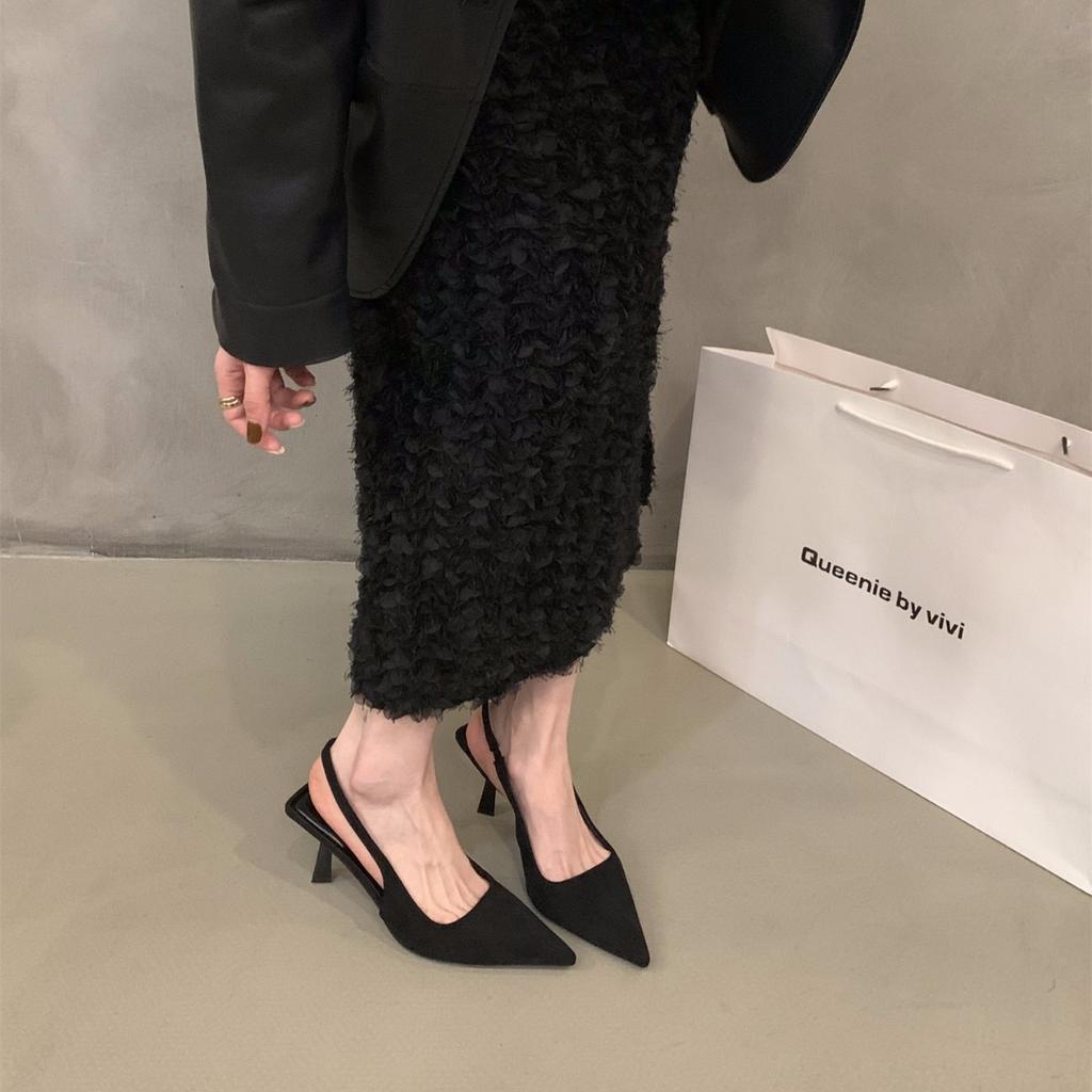 French retro brown suede bag head sandals fairy shoes 2025 new spring and summer pointed high heels single shoes