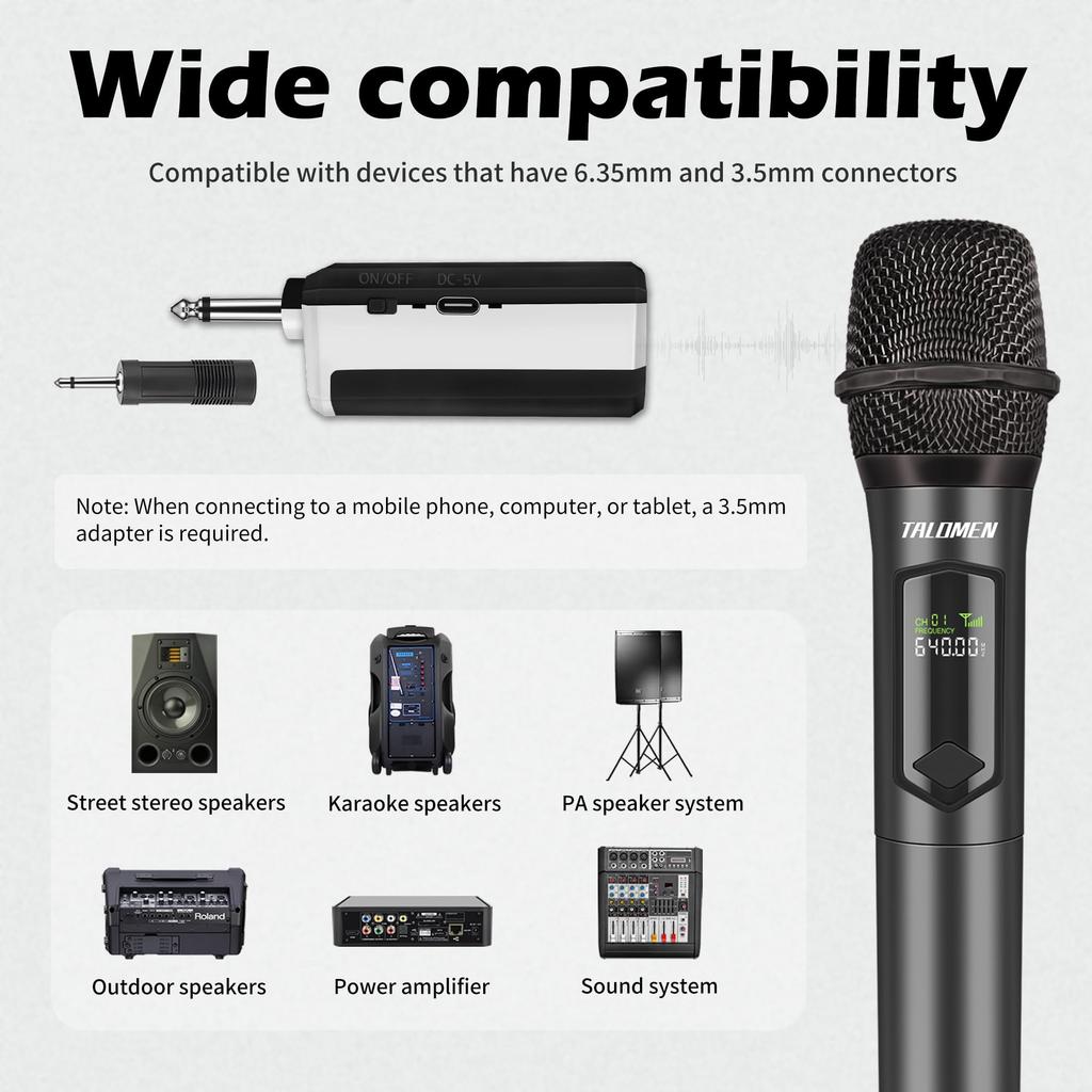 TALOMEN Wireless Karaoke Moving Coil Microphone with 50M 10 Hours of for Home and Parties K60-2 (JP-K60-2) Microphone, Microphone, 6.35mm Receiver,