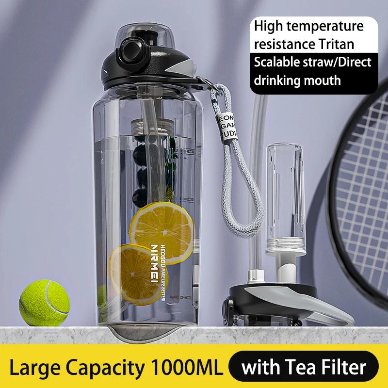 

Large Capacity Sports Water Bottle with Time Marker Outdoor Portable Tritan Cup Leak-proof Water Bottles with Straw 1000/1500ML