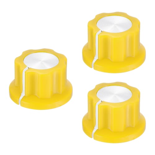 

uxcell 3-Piece Potentiometer Knob Set with Screw-in Brass Inserts for 1/4 Shaft Potentiometers, Yellow Volume Controller Rotary Knobs for Guitar Effe