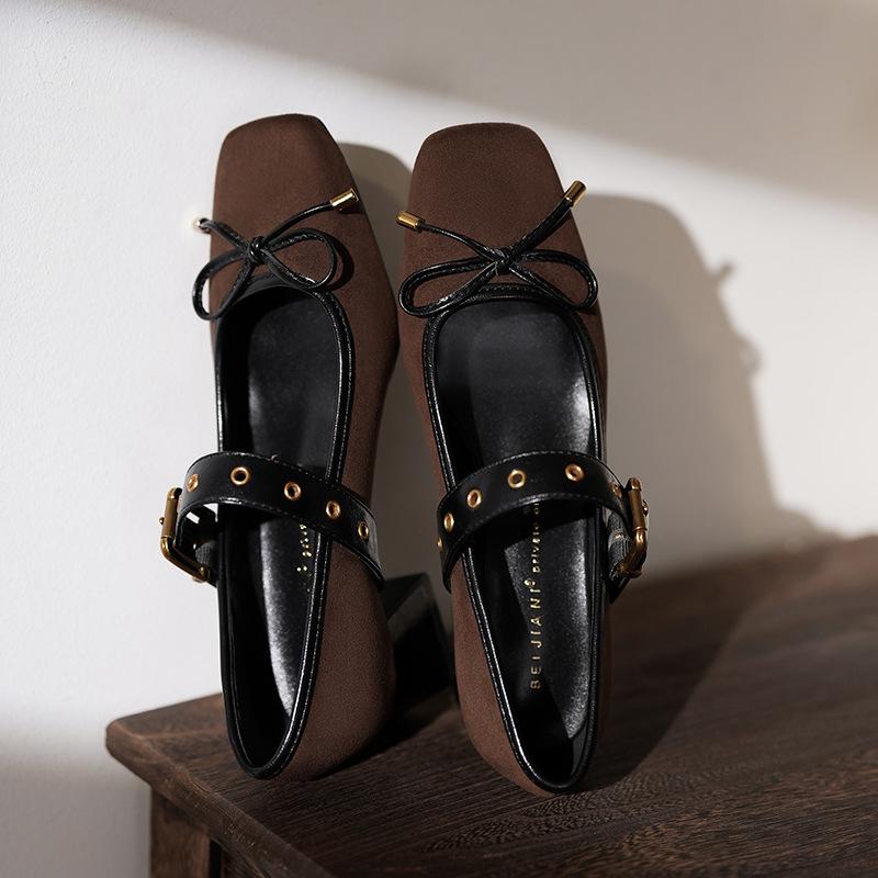 

Туфли Мэри Джейн из овчины с матовой пряжкой-бантом, женские туфли на толстом каблуке с квадратным носком в ретро-стиле 39