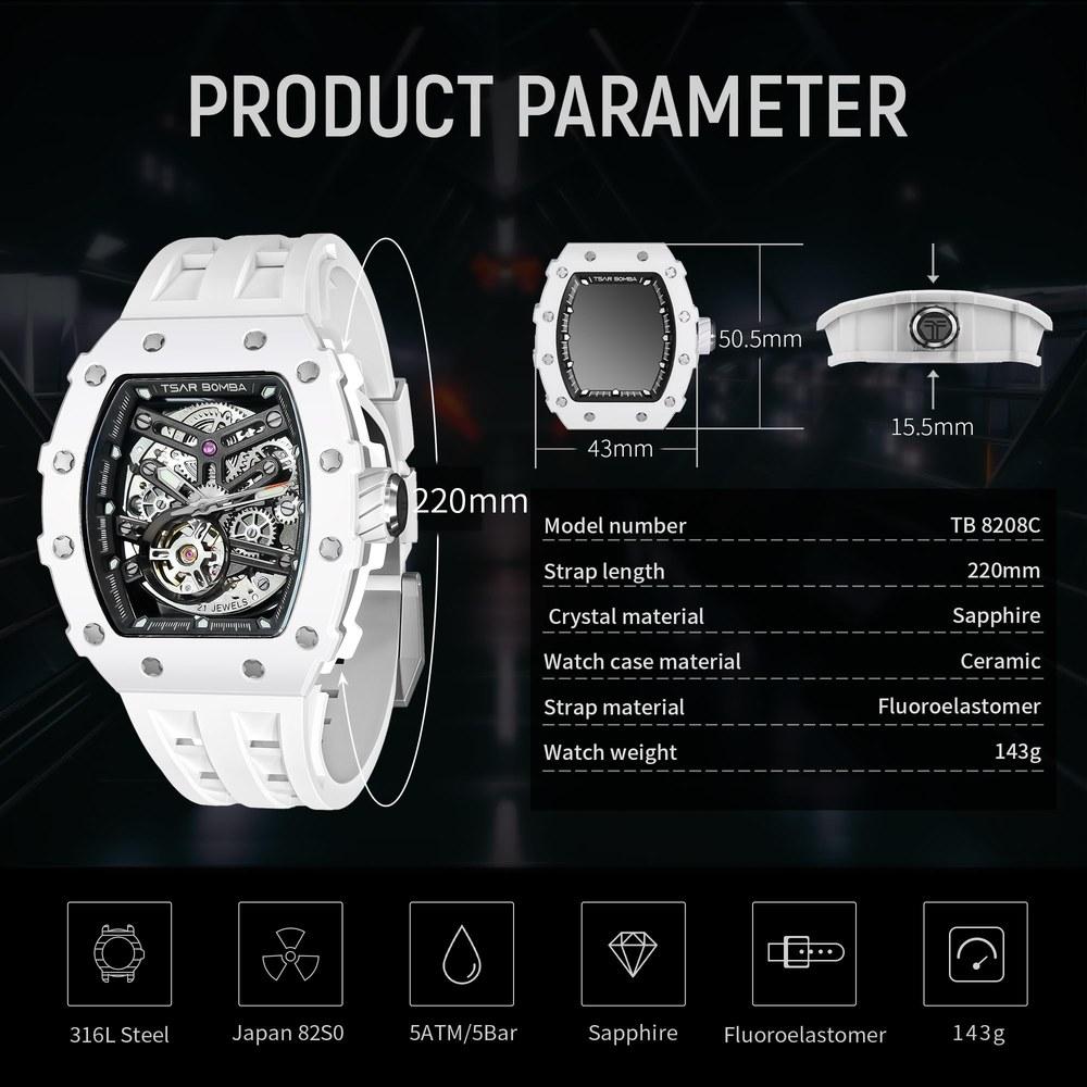 TSAR BOMBA Automatic Men's Wristwatch Tonneau Shape 5 ATM Water Resistant Stainless Steel Ceramic White Business Casual Luxury Sports Fashion Barrel