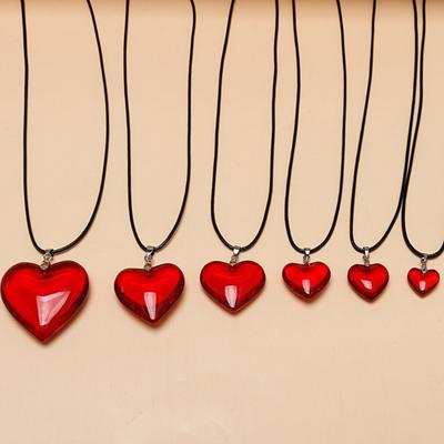 Elegant Red Glass Heart Pendant Necklace with Soft Black Leather Rope Collarbone Chain Accessory For Daily Wear