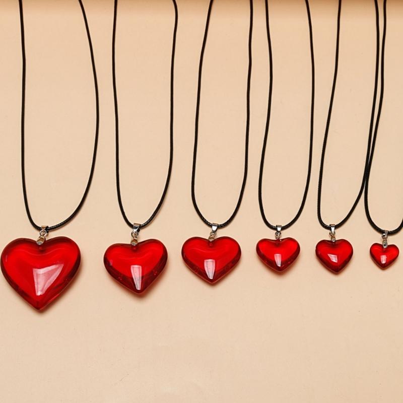 Elegant Red Glass Heart Pendant Necklace with Soft Black Leather Rope Collarbone Chain Accessory For Daily Wear