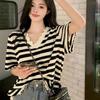Striped Women's T-shirt V-neck Ruffled Edge Decoration Short Sleeved Tees Korean Style Summer New Version Loose Casual Woman Top