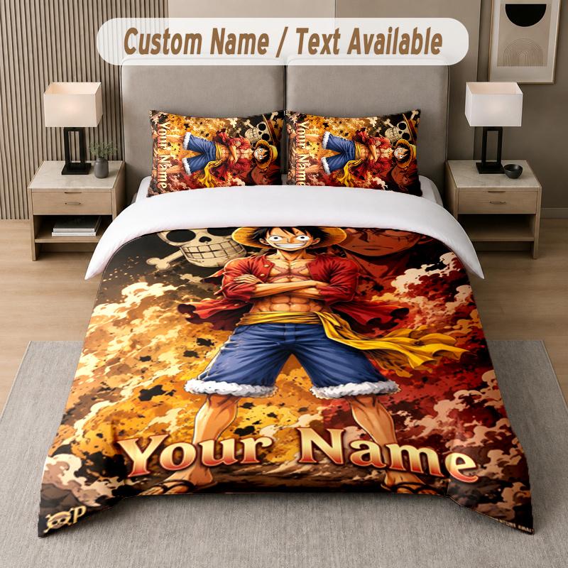 Custom Name One Piece 3Pcs Duvet Cover Set Personalized Text Bedding Pillowcases Bedroom