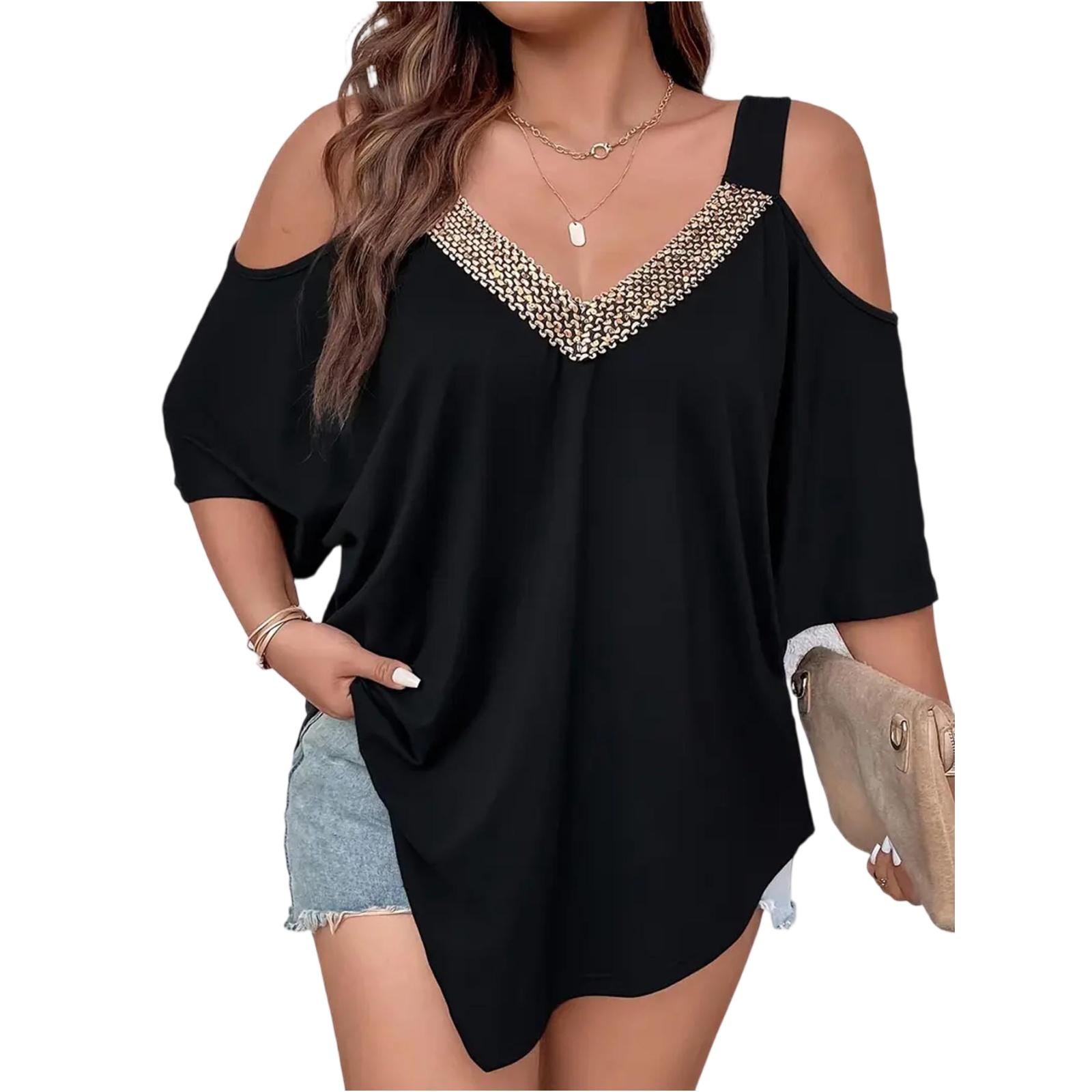 Plus Size Women s Fashion Casual Loose Elegant V-neck Sling Camisole Off-shoulder Top XXL чёрный