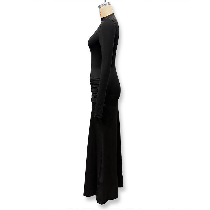 Elegant European Slim Fit Bodycon Dress - Autumn/Winter Collection, Solid Color, Pleated, Flowy, Belted Design