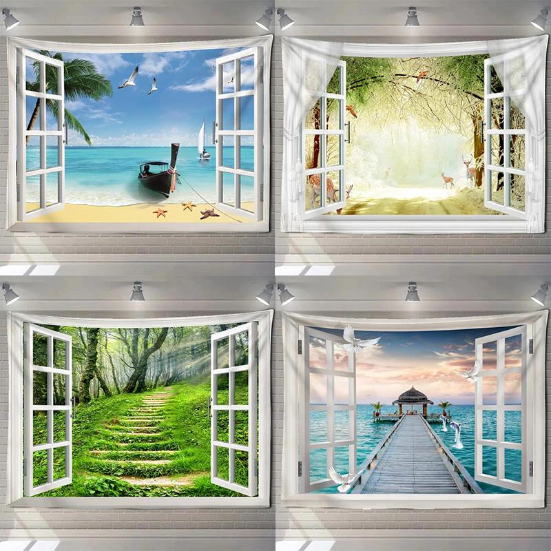 Home decoration natural ecological beach scenery imitation window paper art tapestry background wall room beautiful living room