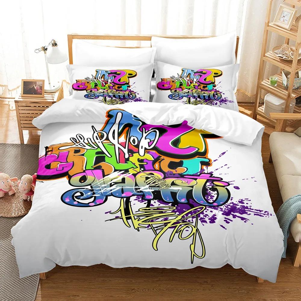 Hippie Graffiti Ložní souprava Hip Hop Sada povlaku na přikrývku King Queen Size pro děti Chlapce Mládež Povlak na přikrývku Moderní Street Art Povlak