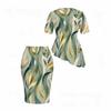 Women Plus Size Tropical Leaf Printed Round Neck Short Sleeve Asymmetric Top Fitted Skirt Two Piece Set