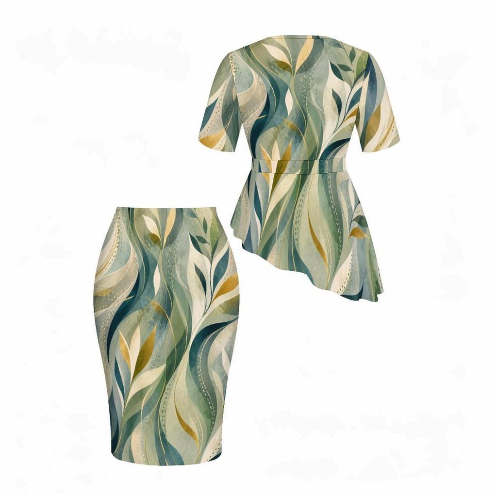 Women Plus Size Tropical Leaf Printed Round Neck Short Sleeve Asymmetric Top Fitted Skirt Two Piece Set