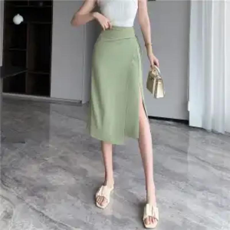 Womens High Waist Side Slit Midi Skirt