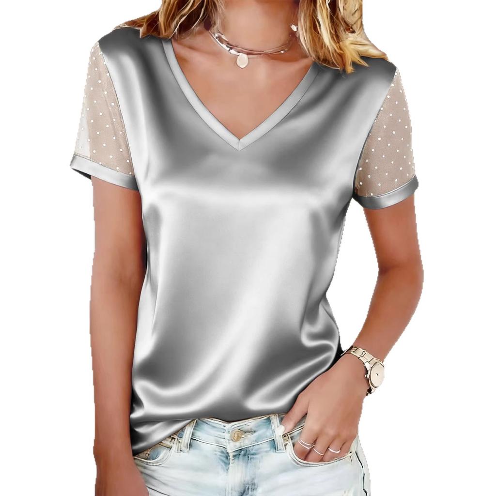 Women's Fashion Versatile Top Mesh Short Sleeve V-Neck T-Shirts Women’s