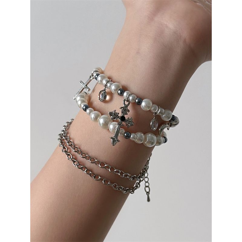 European and American Cross Pearl Multi-Layer Bracelet Women Ins Accessible Luxury Special-Interest Design Exquisite Fancy Bracelet Bracelet
