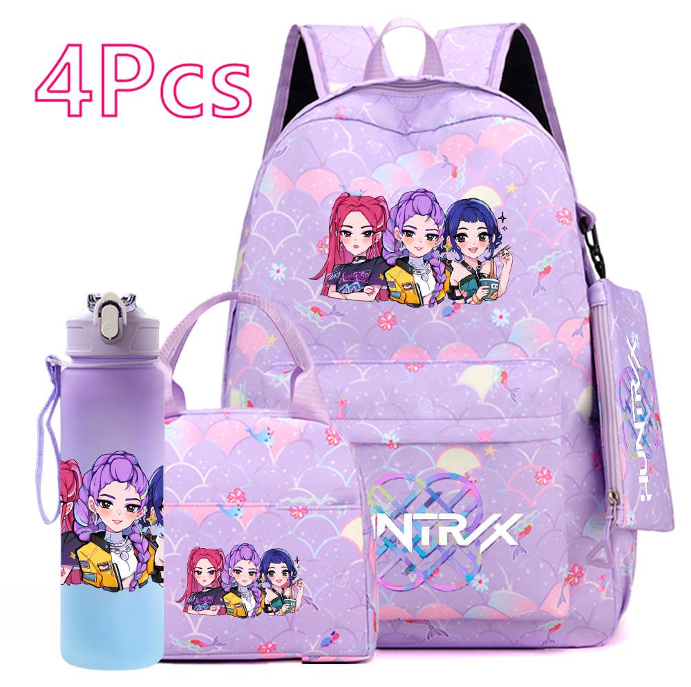 4Pcs/set Anime Cute Printed Backpack Large Capacity Bookbag HandBag Case Bag with 750ml Water Bottler Boy Girl SchoolBag Waterproof Mochila