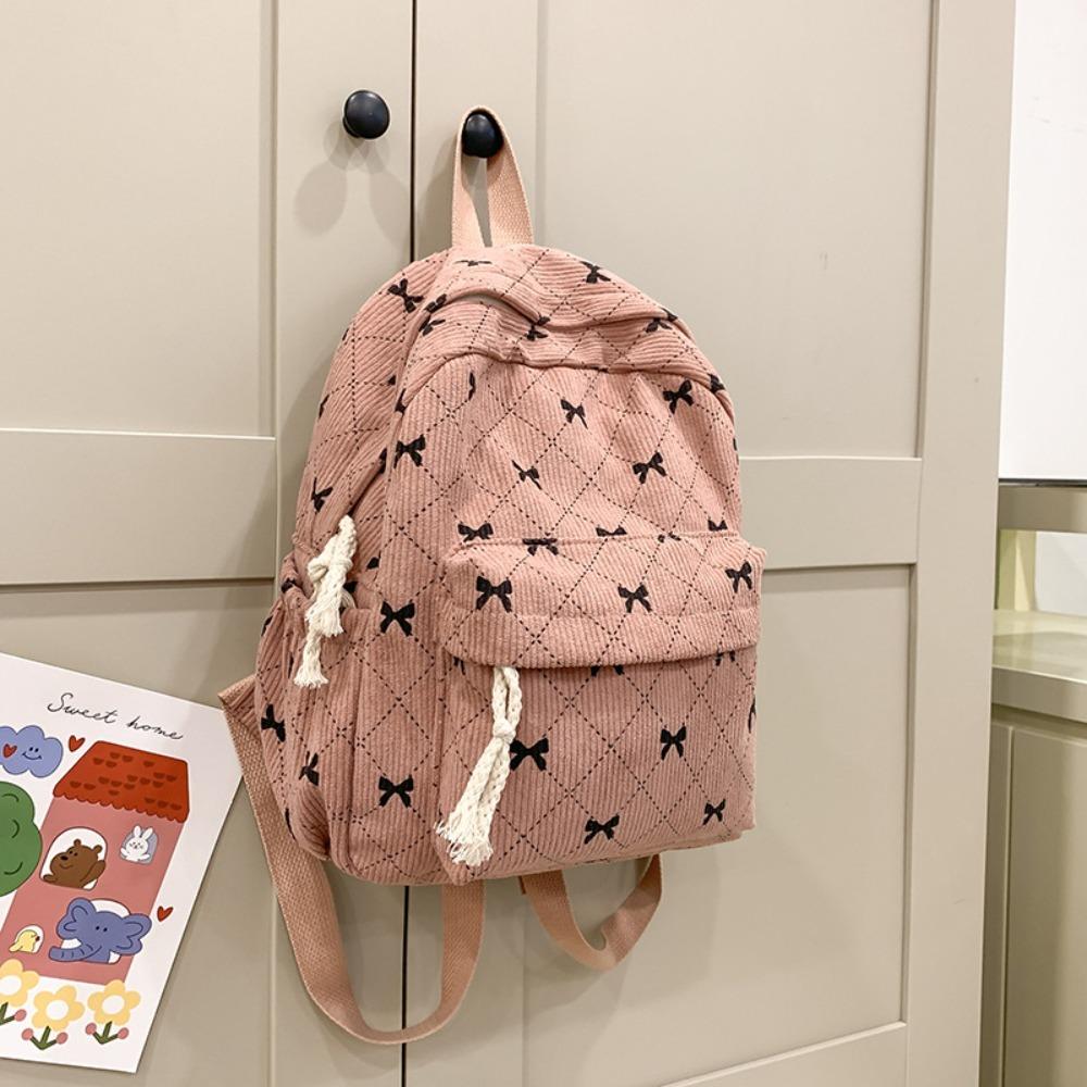Fashion Bowknot Printed Women's Backpack Corduroy Large Capacity Students Backpack Travel Rucksack Women