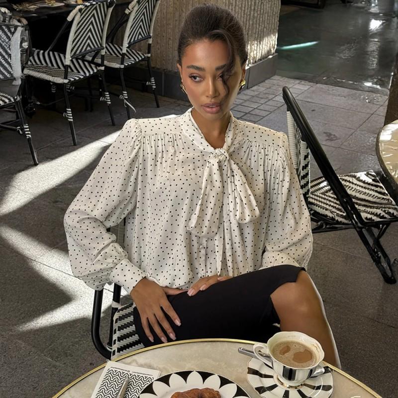 French Polka Dot Tie Shirt 2026 Loose Chiffon Blouse Long Sleeve Bubble Top