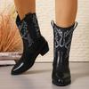 Women's Western Style Mid-Calf Boots Brown Retro Embroidered PU Leather Boots Woman Pointed Toe Chunky Heel Cowboy Botas Mujer